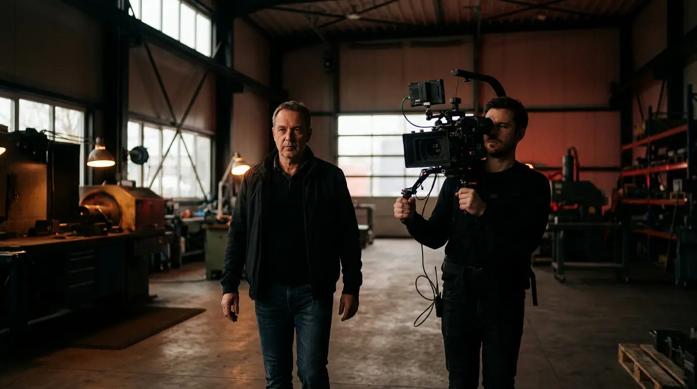 Tournage documentaire d’un dirigeant en situation, caméra à l’épaule