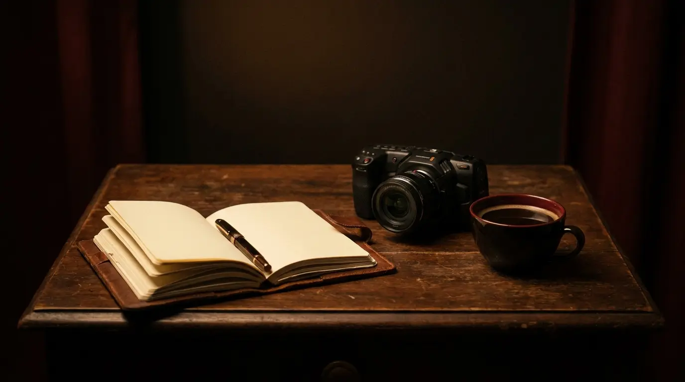 Nature morte sur un bureau sombre : carnet, stylo et petite caméra cinéma
