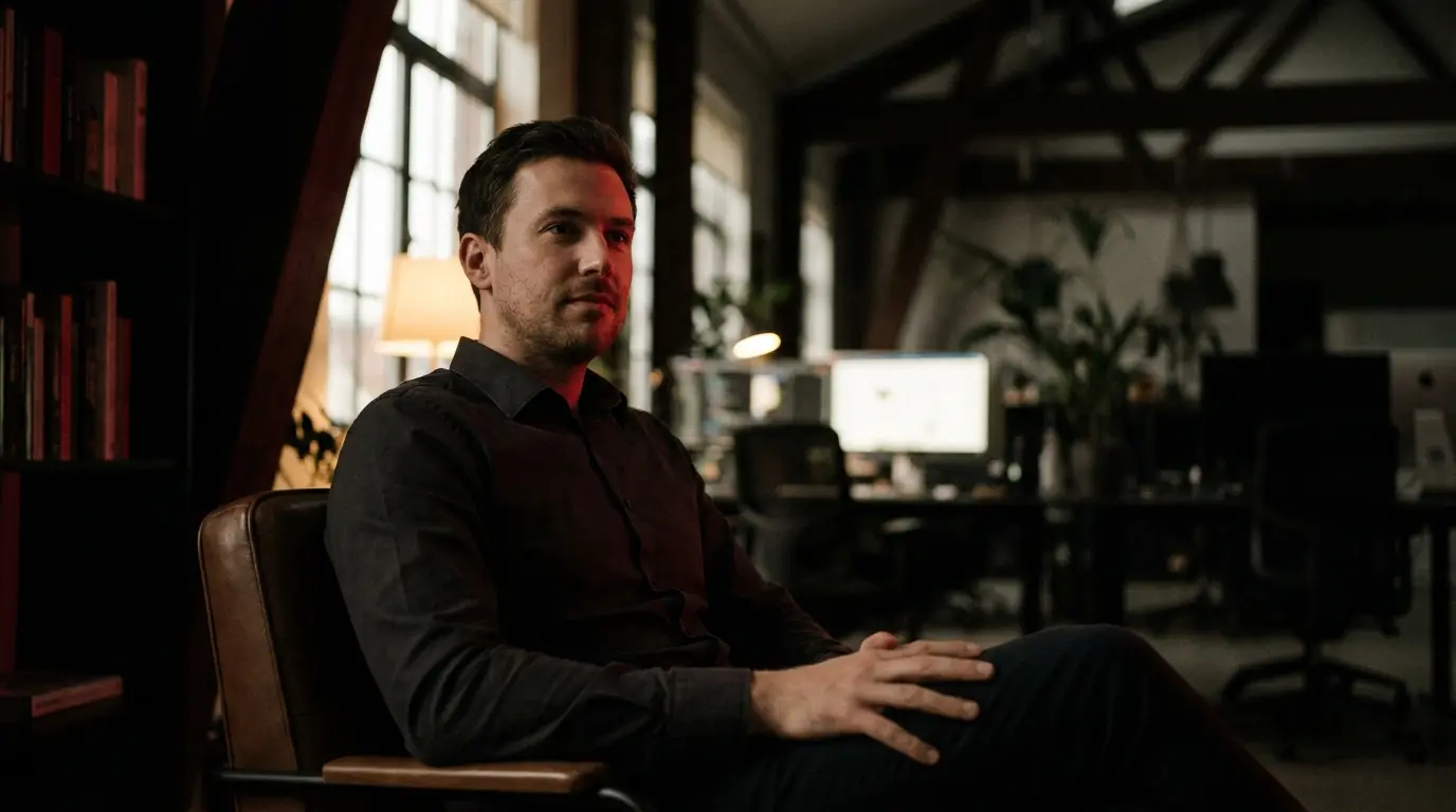 Fondateur de scale-up SaaS filmé en portrait sur un plateau sombre
